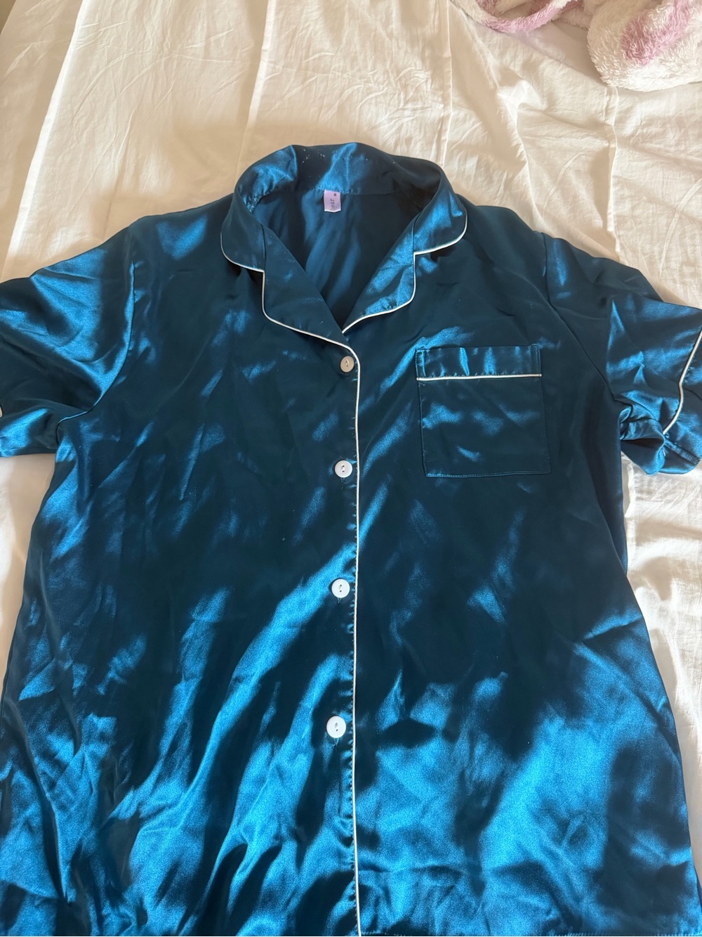 Silk Teal Short Sleeve Pajama Set with White Details - Picture 2 of 8